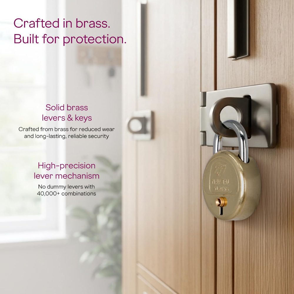 Godrej Padlock | Navtal 5 Lever Brass Padlock 40mm with 3 Keys | Strong Steel Shackle | Rust Resistant Lock for Main Door, Gates, Lockers, Cabinets, Travelling Bags & Tool Boxes | 1 Year Warranty